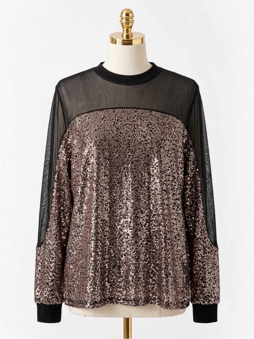 Nine West Sequin Mesh Top Black Semi Sheer Shimmer Long Sleeve Blouse Large